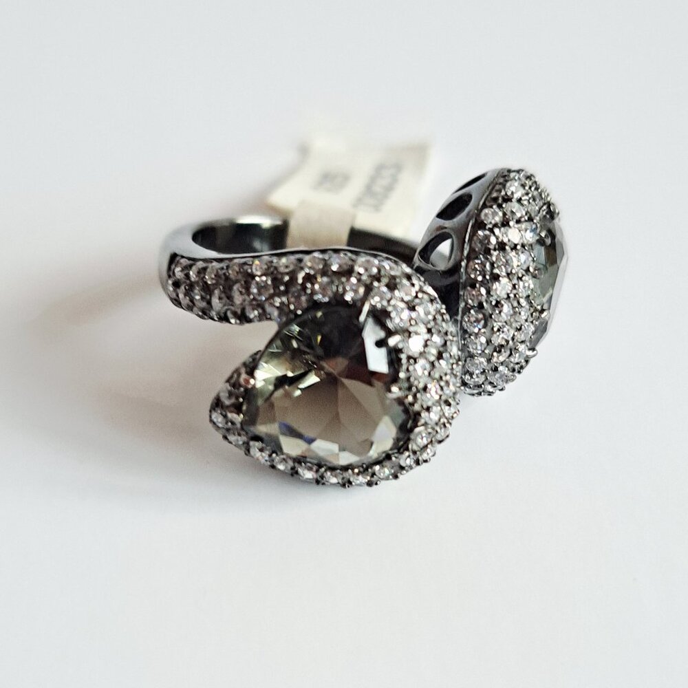New Sterling Silver Double Smoky Quartz Heart Cubic Zirconia Ring Size 7